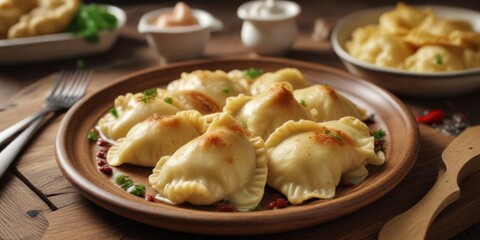 Polish-inspired pierogi dumplings on a wooden table, homemade pierogi,  rustic decor