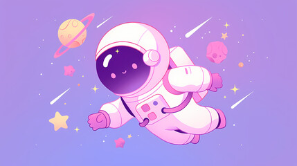 Cute cartoon astronaut floating in space with planets, stars, and comets in a colorful background