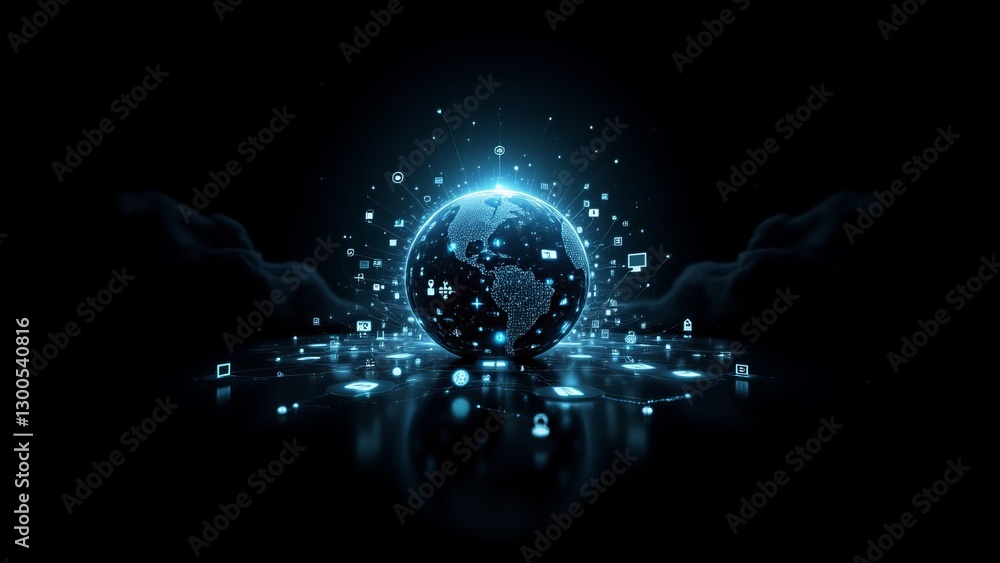 Poster 3d digital globe surrounded by floating icons and symbols representing technology