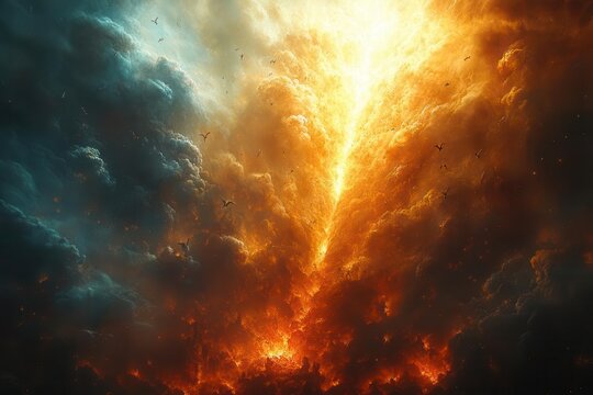 a dramatic vertical composition split between a luminous celestial realm with golden light and floating angels above and a dark underworld with fire and shadowy figures below