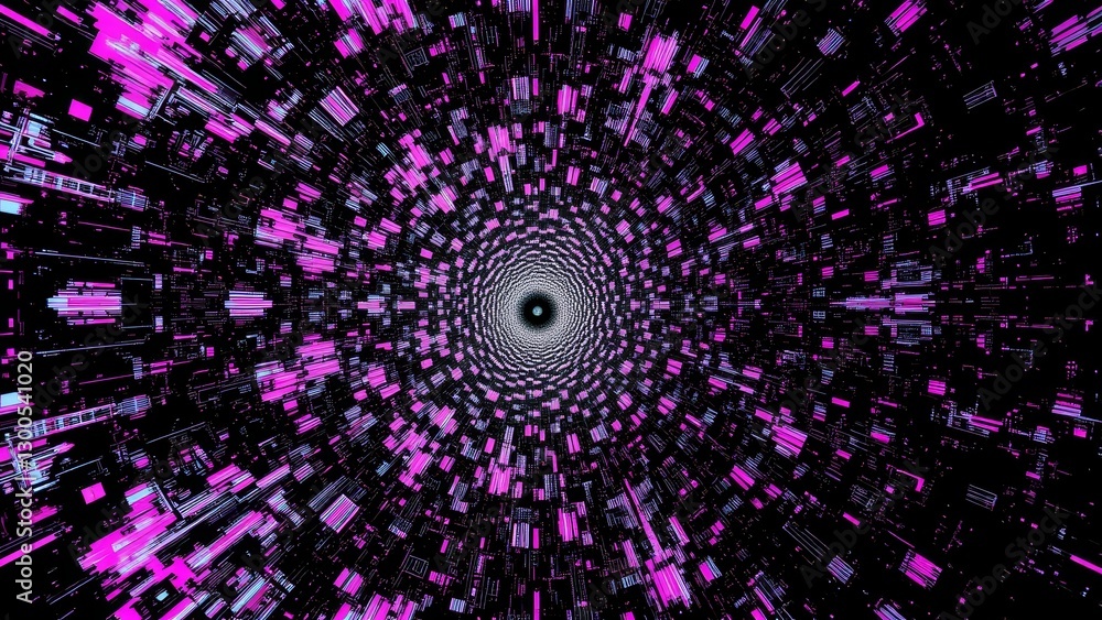 Poster abstract vortex with glowing pink and purple lines creating a digital tunnel effect