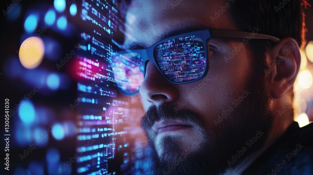 Poster software developer wearing glasses analyzes code reflections, creating a futuristic, tech focused at