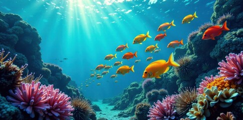 Obraz premium School of colorful fish swimming in ocean waves, ocean waves, marine animals