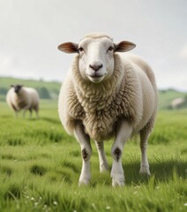 Fototapeta premium Sheep standing in a green meadow isolated on white background, farm life, farm animals, sheep