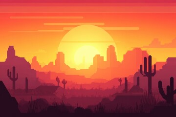 Obraz premium Vibrant Pixel Art Sunset Over a Desert Landscape with Silhouetted Cacti, Scenic Mountain Range, and Warm Color Palette in a Retro Style
