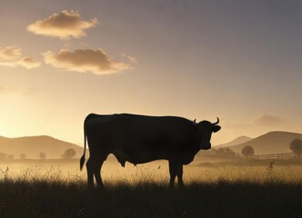 Vector cow silhouette standing alone in field,  farm,  animals