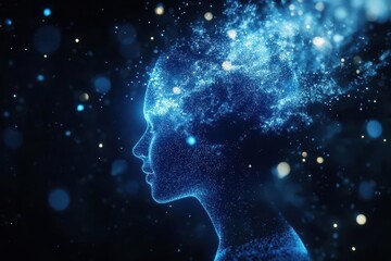 a dynamic 3d human silhouette emerging from digital particles glowing with blue technological aura against dark background symbolizing digital hr and talent acquisition