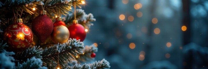 Winter Christmas tree with ornaments and lights, snowy, winter