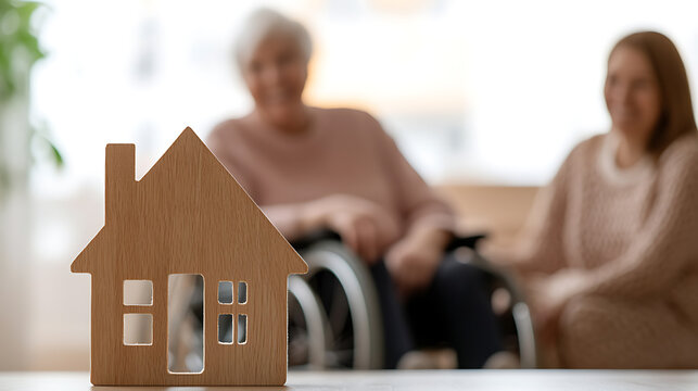 Home Care Support: A wooden house figure sits in the foreground, representing home and family, with an elderly woman in a wheelchair and caregiver in the background.