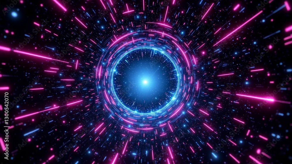 Poster abstract neon tunnel with glowing light and dynamic motion in space environment