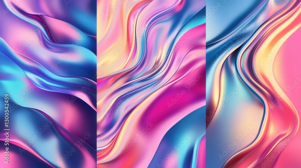 Poster iridescent foil with sharp and soft color gradients, mimicking the fluid motion of liquid metal unde