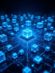 Fototapeta premium Futuristic Abstract Digital Network of Glowing Blue Cubes on Dark Background