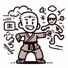 Obraz premium Stick figure Kungfu master, Black belt, white Costume, Vector illustration, for T-shirt designs and merchandise 