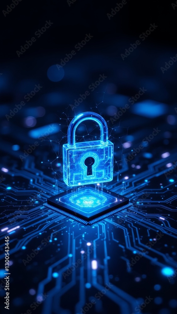 Poster digital lock symbolizing cybersecurity on circuit board background