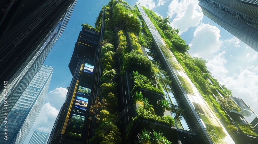 Poster skyscraper with autonomous robots, vertical gardens, and digital signage, creating an ultra-modern a