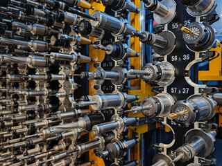 Various cutting tools and holders in the magazine of a big CNC milling machine. Metalwork, precision engineering and machine shop industrial background
