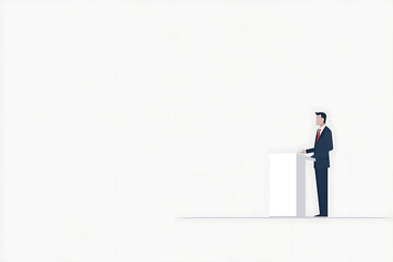 Fototapeta premium Man Giving Speech on Podium. A minimalist vector image of a man in a suit standing at a white podium against a bright white backdrop.