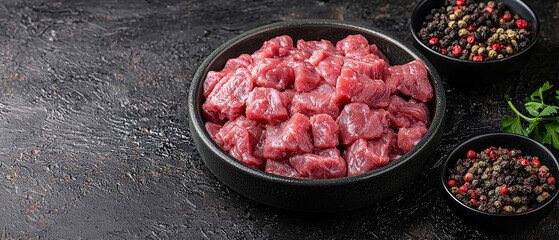 Raw beef cubes in bowl with peppercorns