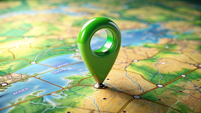 Detailed Geographical Map with Green Location Pin Highlighting Points of Interest and Navigation Pathways