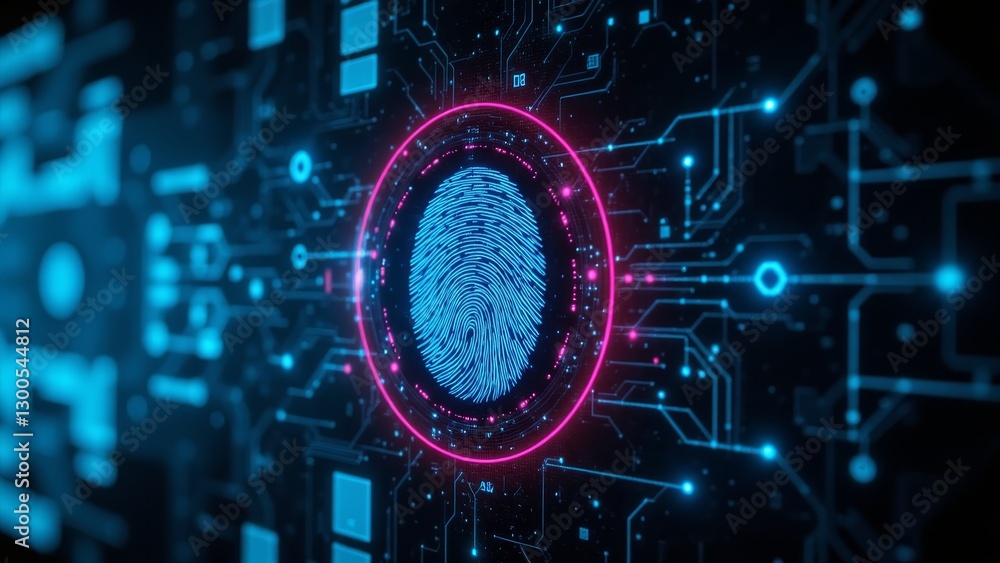 Poster futuristic digital fingerprint on circuit background representing biometrics technology