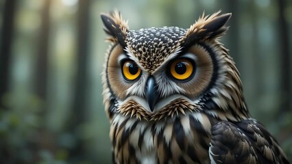 Obraz premium Close-Up of an Owl: Piercing Yellow Eyes and Intricate Feathers in a Serene Forest Setting
