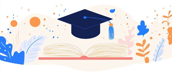 Graduation Cap Above Open Book with Colorful Floral Elements