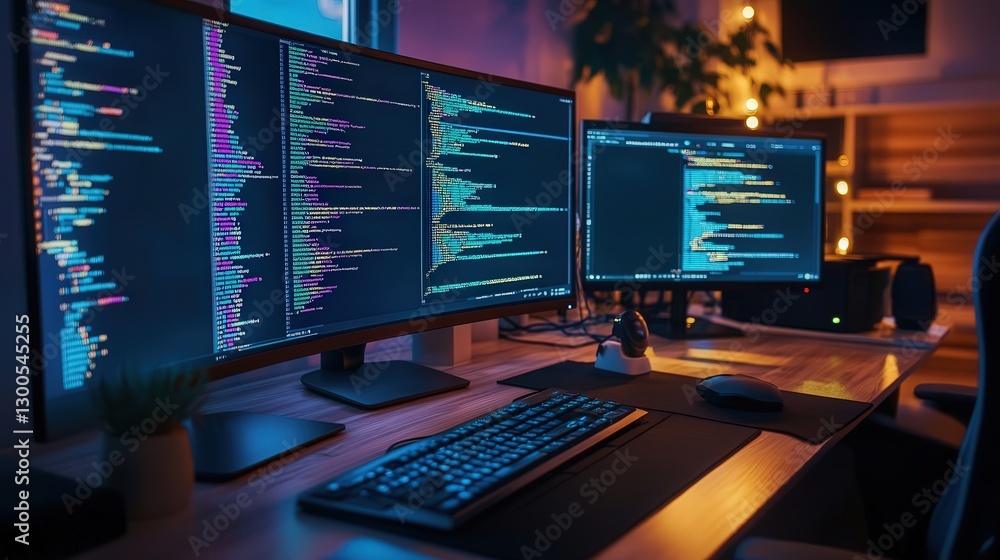 Poster home office where an it developer is working on coding new software updates.