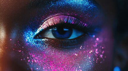 Dynamic Close-up of Colorful Glitter Makeup on Eye with Pink and Blue Accents