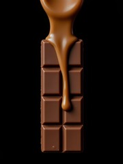 Melted Chocolate Dripping Over Chocolate Bar on Black Background