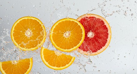 Juicy Orange Grapefruit Slices Splashing in Water