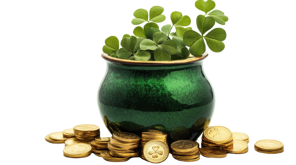Green pot with gold coins concept of patrick day isolated on white background