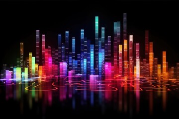 Obraz premium Abstract cityscape with colorful neon lights reflecting on a dark surface for tech background