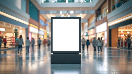 Advertising Display in Shopping Mall: A vertical, blank advertising display stands prominently in the center of a bustling shopping mall, surrounded by blurred figures of shoppers.