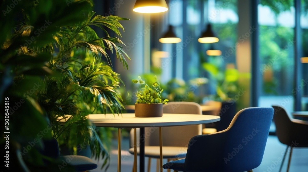 Poster empty tables and chairs in a modern office cafeteria with lush greenery and warm lighting create a r