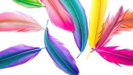 Vibrant Feathers in Flight: A kaleidoscope of colorful feathers, each a unique hue, floats gracefully, creating a vivid display of texture and form.