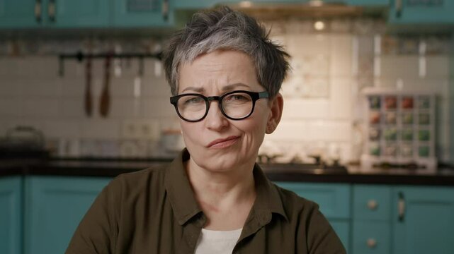 Mature Woman Expressing Disbelief or Uncertainty Looking at Camera
