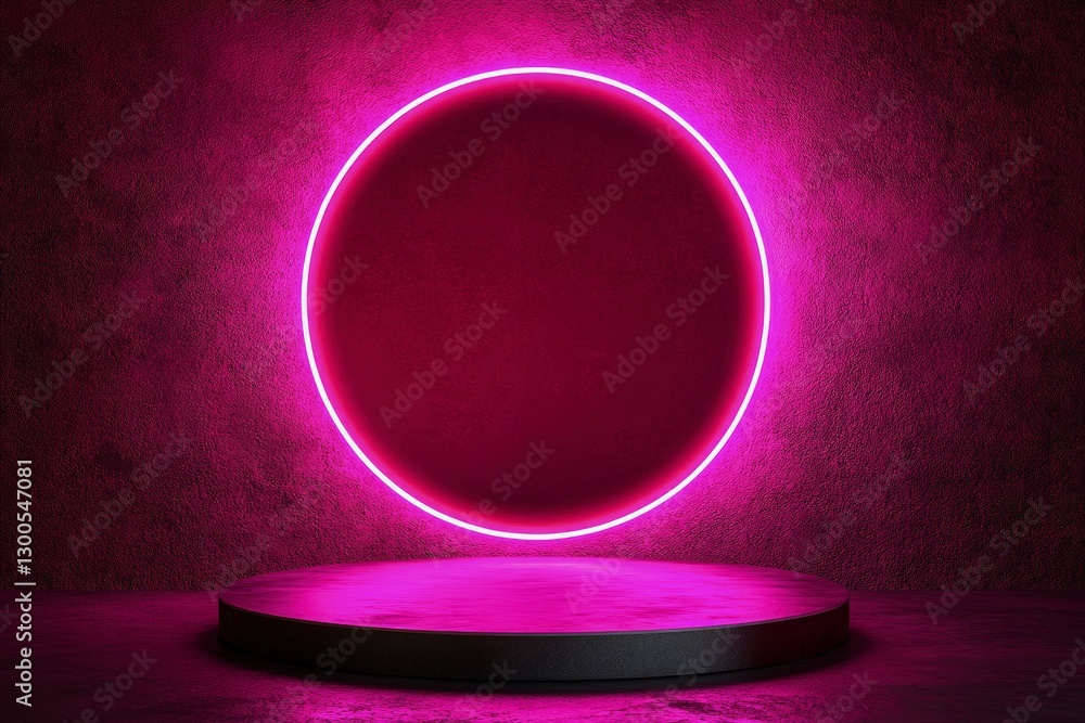 Poster abstract pink neon background with a glowing round frame and an empty podium for product presentatio