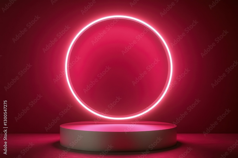 Poster abstract pink neon background with a glowing round frame and an empty podium for product presentatio