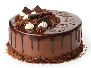 A rich, decadent chocolate cake made with dark Belgian chocolate, covered in ganache cream and dripping with a glossy glaze, isolated on a white background.