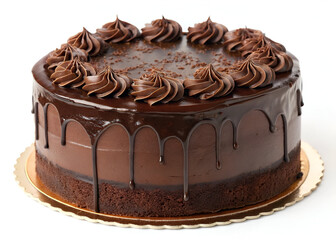 A rich, decadent chocolate cake made with dark Belgian chocolate, covered in ganache cream and dripping with a glossy glaze, isolated on a white background.