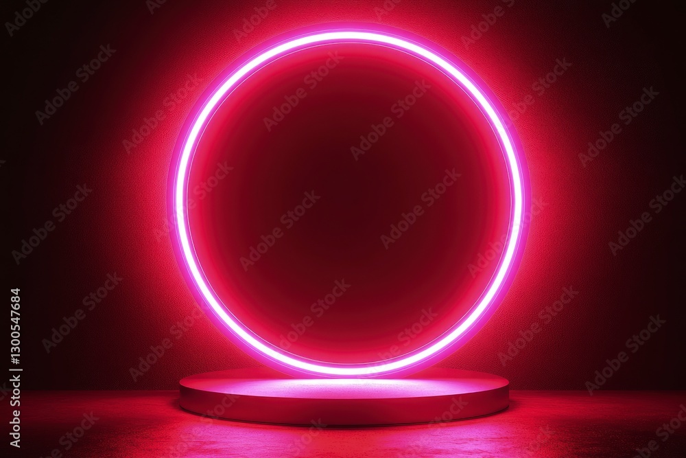 Poster abstract pink neon background with a glowing round frame and an empty podium for product presentatio