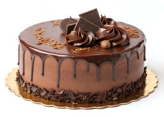 A rich, decadent chocolate cake made with dark Belgian chocolate, covered in ganache cream and dripping with a glossy glaze, isolated on a white background.