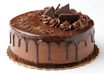 A rich, decadent chocolate cake made with dark Belgian chocolate, covered in ganache cream and dripping with a glossy glaze, isolated on a white background.