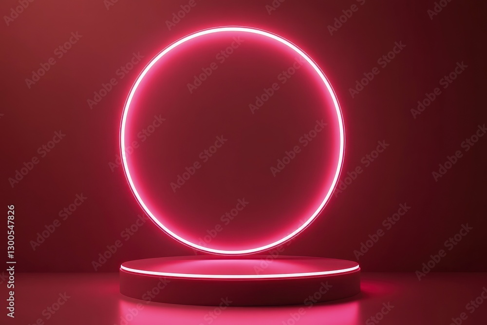 Poster abstract pink neon background with a glowing round frame and an empty podium for product presentatio