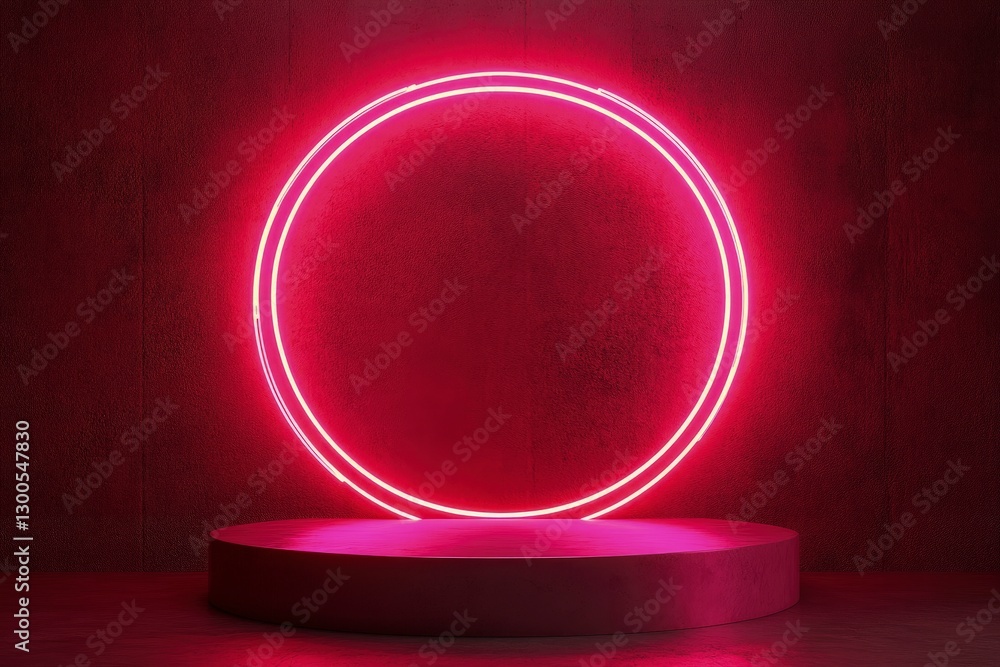 Poster abstract pink neon background with a glowing round frame and an empty podium for product presentatio