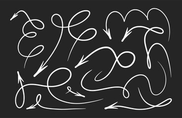 Squiggly arrow, vector bounce line, doodle design motion set, hand drawn playful lines on black background