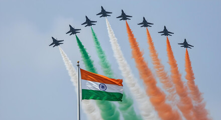 Indian Air Force fighter jets soaring across the sky with the Indian flag tiranga in the foreground