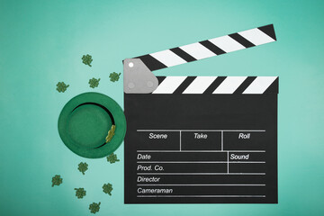 Cinema clapper board and Patrick's Day hat, festive celebration, Irish holiday, green...
