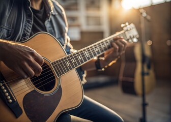 Naklejka premium Close-up of a Person Playing an Acoustic Guitar