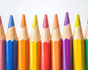 Fototapeta premium Vibrant Colored Pencils Arranged in a Colorful Row on White Background